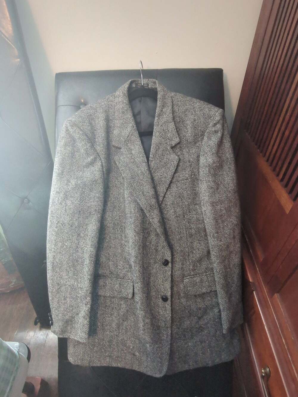 Members Only Mens 44L Gray Herringbone Tweed Shetland Wool Blazer Coat Jacket